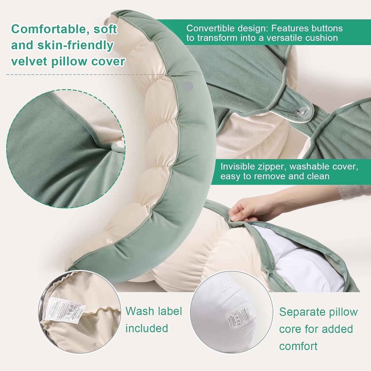 Peallow(Pat. Pend) – Long Round Body Pillow for Adults, Bolster Pillow for Sleeping, Soft and Supportive Pillow for Sleeping & Lumbar Support (Green-White, 29.5")