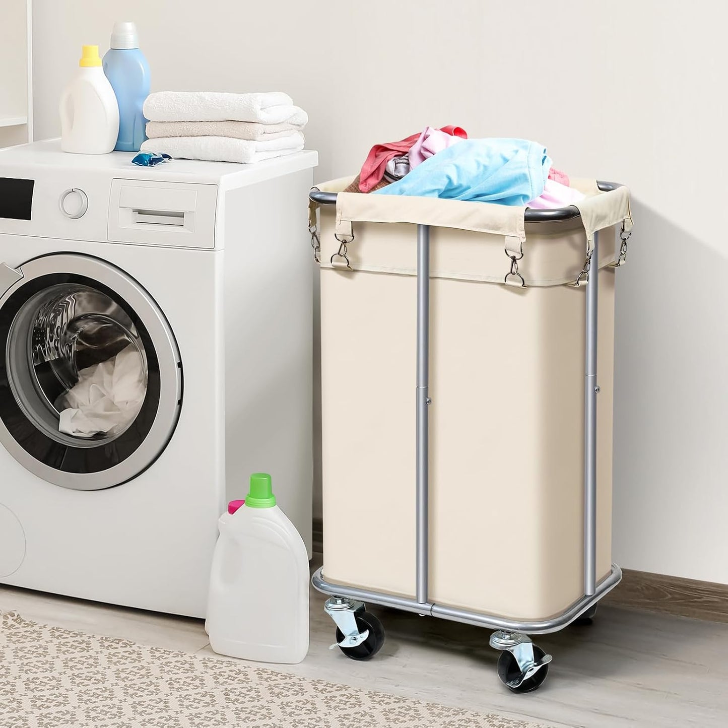 100L Rolling Laundry Hamper Basket with Wheels for Bedroom, Grey | Laundry Sorter Cart with Removable Bag, Tall Narrow Slim Clothes Organizer, Sturdy Metal Frame, Dorm Space Saving