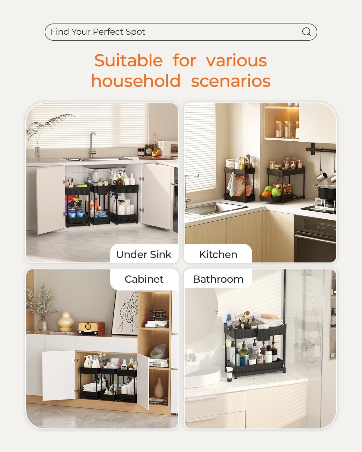 3-Pack 2-Tier Under Sink Organizers with Sliding Drawers | Multi-use kitchen & bathroom storage, 12.8 inch black cabinet organizer, space-saving sliding drawer design.