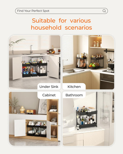3-Pack 2-Tier Under Sink Organizers with Sliding Drawers | Multi-use kitchen & bathroom storage, 12.8 inch black cabinet organizer, space-saving sliding drawer design.