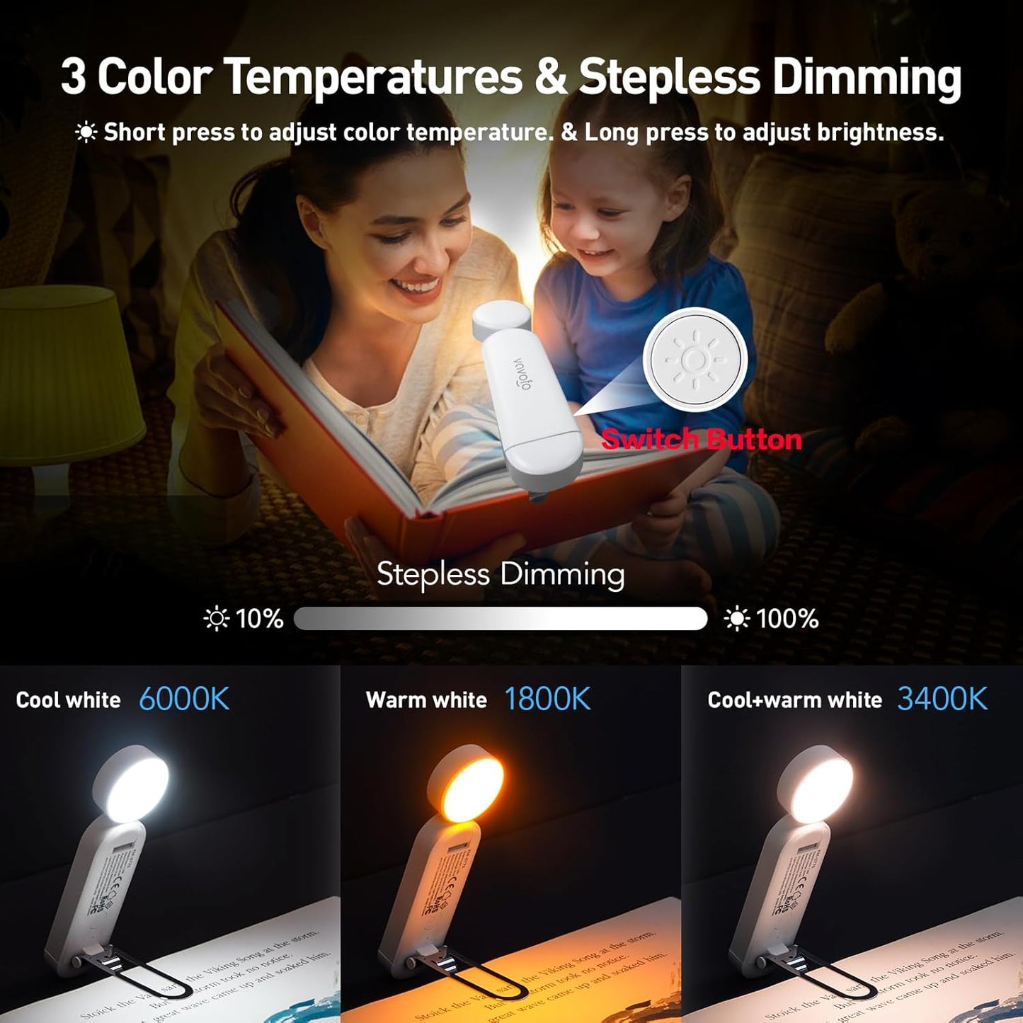 VAVOFO USB Rechargeable Bookmark Reading Light, Blue Light Blocking Amber LEDs for Bedtime Reading - Clip On, 9 Lighting Modes