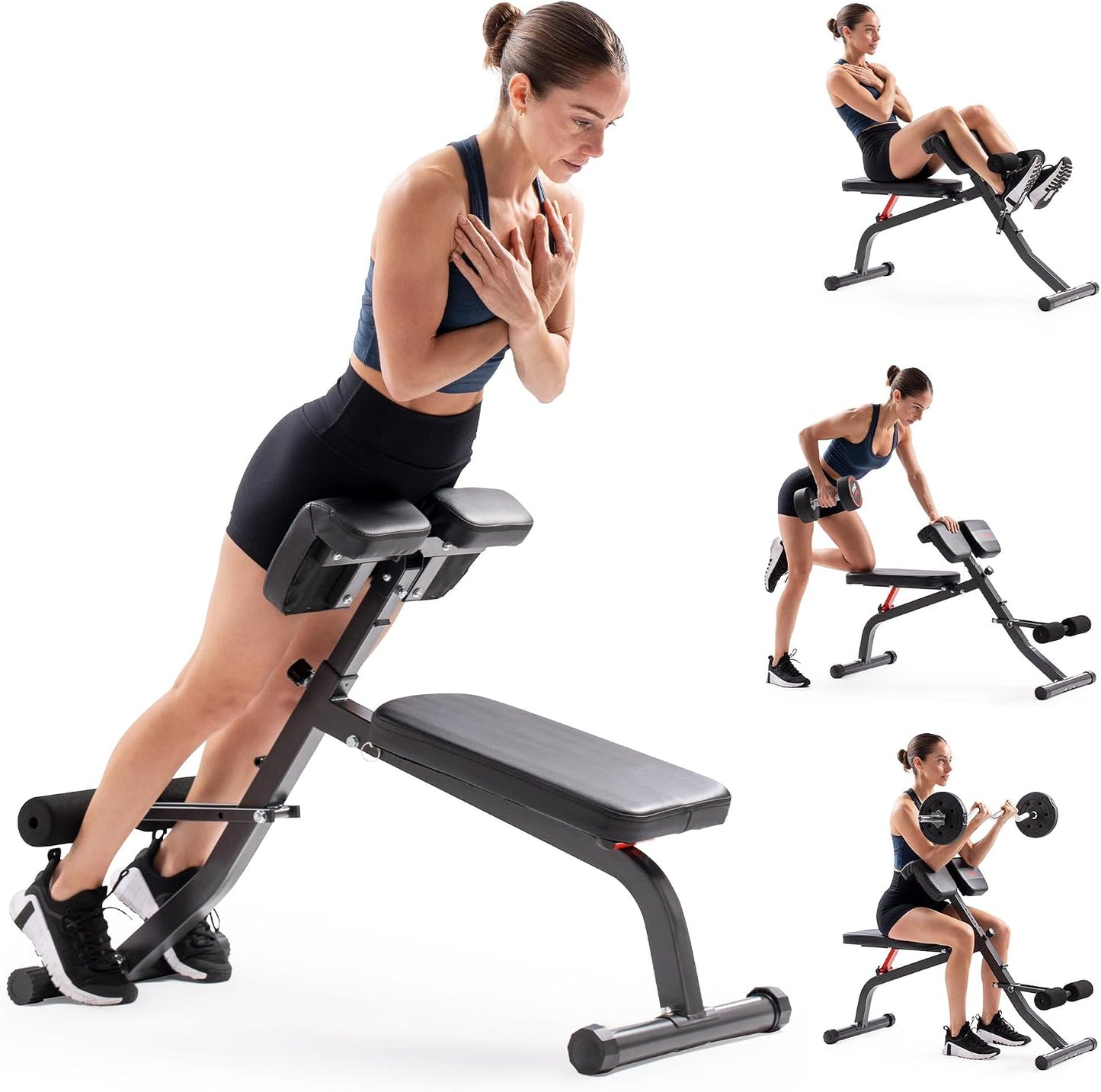 Sunny Health & Fitness Multi-Function Roman Chair | Adjustable Height, Folds Flat for Storage, Built in Dip Station, Targets Back, Abs & Core, Crunches & Back Extensions