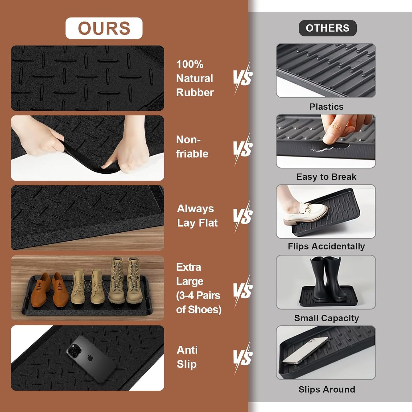 Extra Large Heavy Duty Boot Natural Rubber Shoe Mat for Entryway with Shoes Brush Large Boot Mat Multi-Purpose for Indoor or Outdoor, 16.1x 47.6 Inches