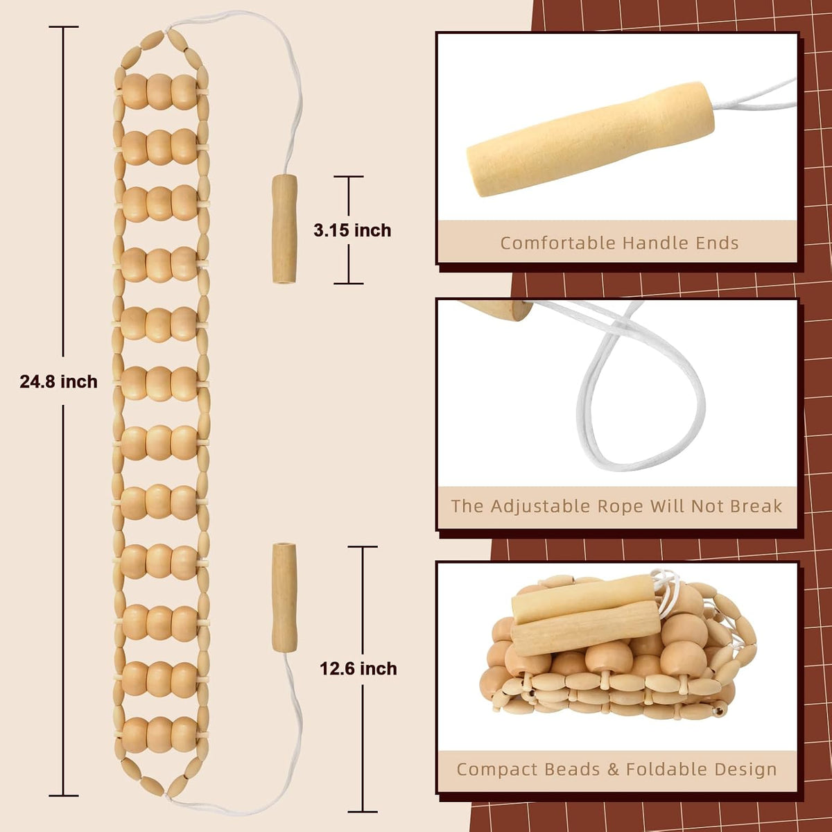 Wood Therapy Massage Tools, Wooden Back Roller Rope Maderoterapia Kit
