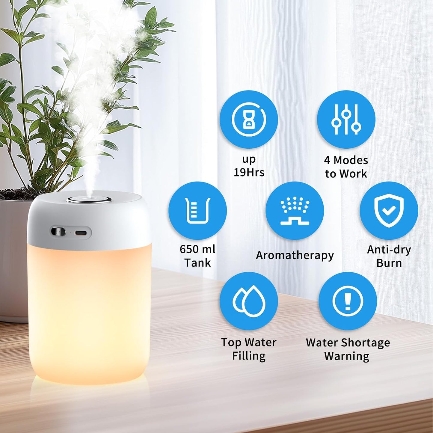 SZO Humidifier for Plants, 650ml Plant Humidifier Indoor, White | Small Plant Humidifier with Warm Light for Plants, Bedroom, Office Desktop, Baby Room