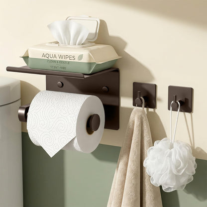 Tindbea Toilet Paper Holder Wall Mount + Towel Robe Hooks, Adhesive or Screw Wall Mounted Toilet Paper Roll Holder with Shelf, Stainless Steel Bathroom Organizers and Storage Kit (Brushed Gold)