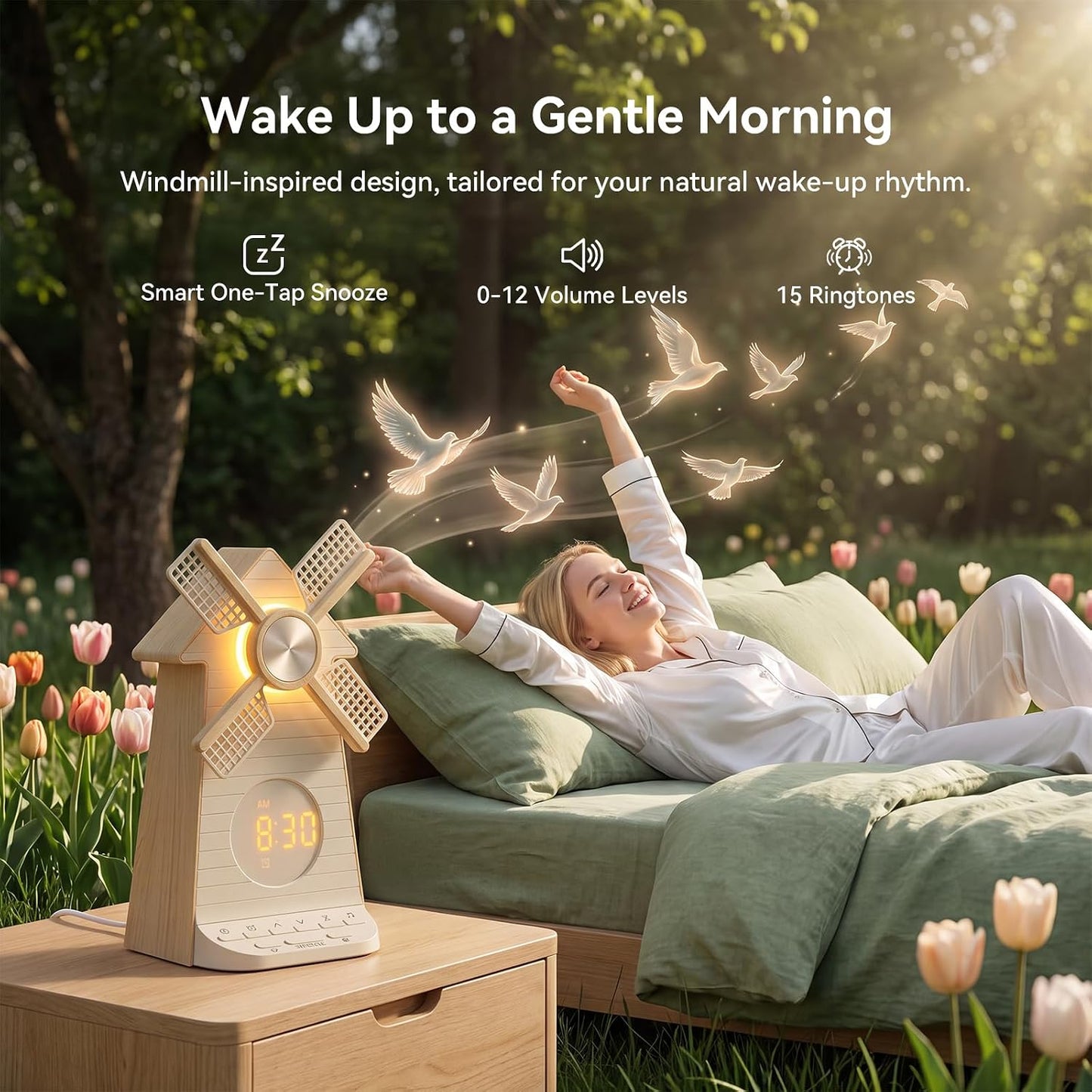 Sunrise Alarm Clock with Rotating Windmill, White Noise Machine for Sleeping with 20 Soothing Sounds, Sound Machine Alarm Clock for Bedrooms Kids Adults, 3-Level Night Light, USB Charger Port