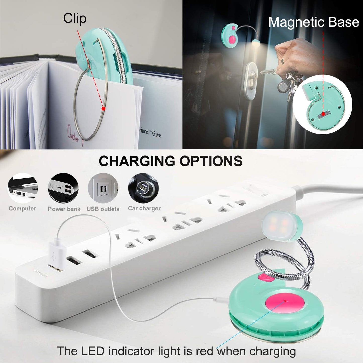 Kids Rechargeable Book Light, Clip on Reading Light for Kid, Kids Reading Lights, Amber Book Light for Reading in Bed, 2 Lighting Modes, Blue Light Blocking, Bookmark Light for Bookworms-Green