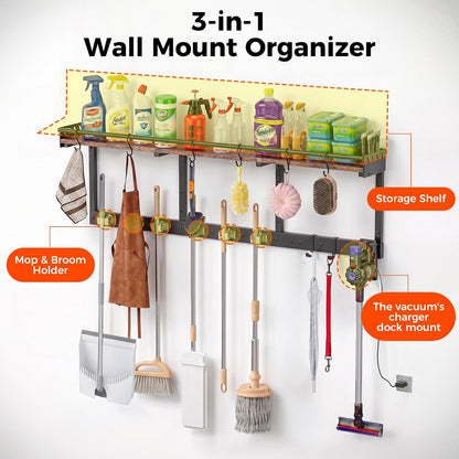 Broom Holder Wall Mount with Shelf, Black, L | 3 in 1 Broom and Mop Organizer, Wall Hanging, For Laundry, Garage, Utility, Vacuum Stand Alternative