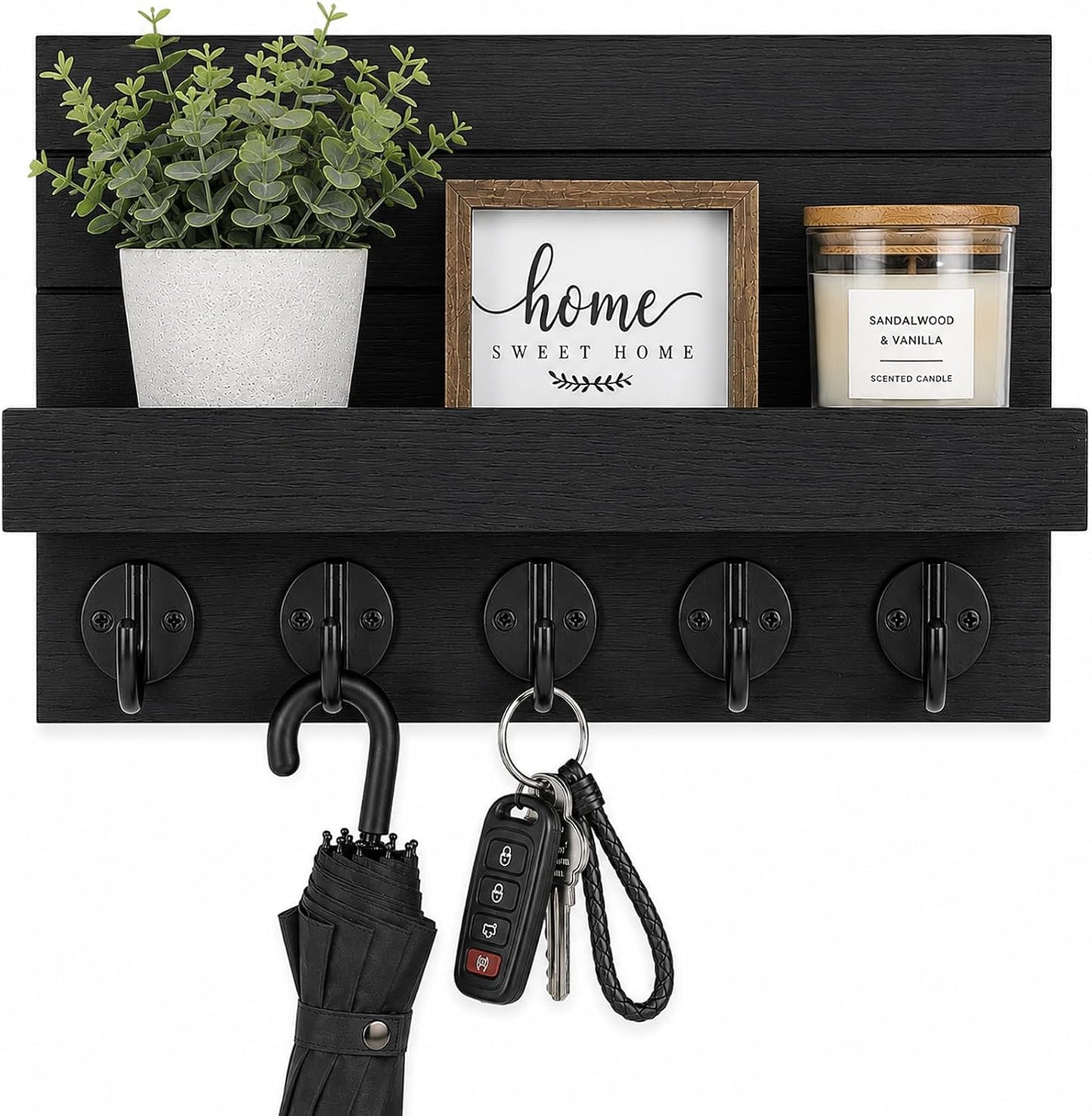 Key Holder for Wall, Decorative Key and Mail Holder, Key Holder Wall Mount with Shelf and Large Hooks, Easy Installation Key Rack for Entryway and Home Decor