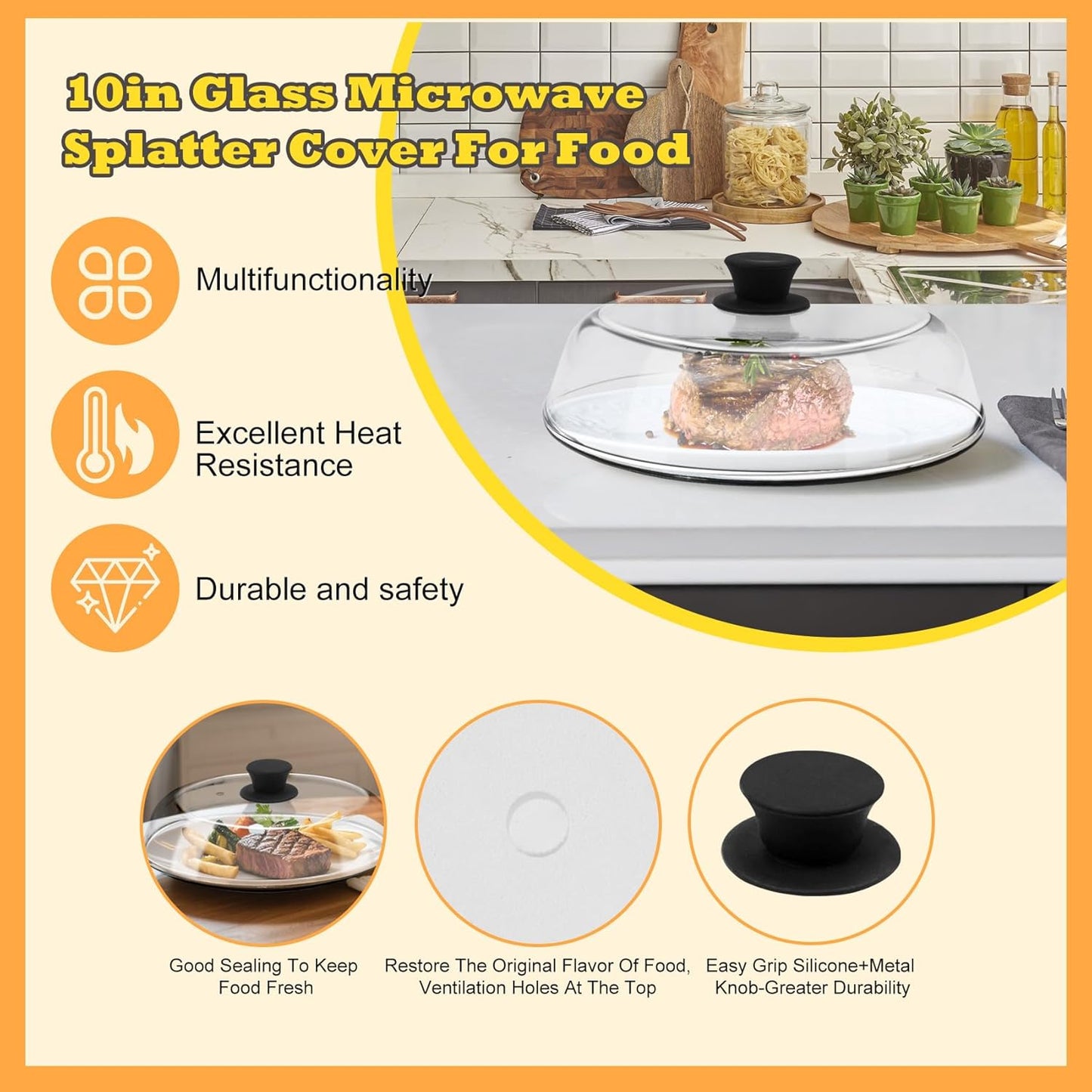 10in Glass Microwave Cover for Food,Glass Microwave Cover,Food Grade | 10in Glass Microwave Cover for Food, Microwave Plate Lid with Vent Holes & Easy-Grip Handle