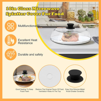 10in Glass Microwave Cover for Food,Glass Microwave Cover,Food Grade | 10in Glass Microwave Cover for Food, Microwave Plate Lid with Vent Holes & Easy-Grip Handle