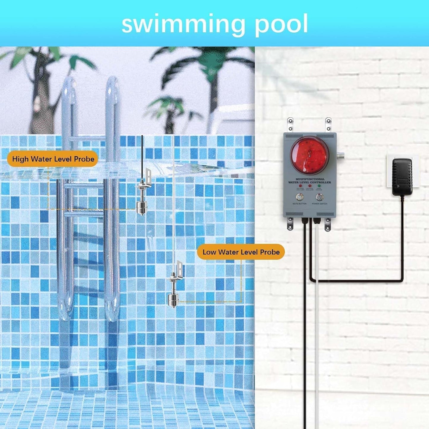 Professional Water Leak Alarm, Water Leak Detector with Dual Probes, 120dB Adjustable Audible/Visual Alarm, 33FT Cable, All-Metal Industrial for Sump Pump/Basement/Septic Tank/Well/Factory/Warehouse