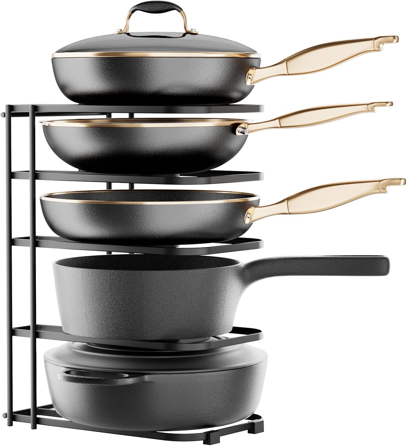 5-Tier Pot and Pan Organizer 13.6", No Assembly Cookware Rack 1-Pack | One-piece Design, Multi-height Layered,Anti-Tip Structure, Dual Vertical & Horizontal Use, Fits Cast Iron Pans & Dutch Ovens