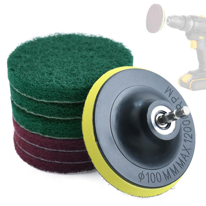 4 Inch Drill Powered Brush Tile Scrubber Scouring Pad Cleaning Kit | Disc Pad Holder with 6 Abrasive Buffing Pad, 2 Stiffness, 1/4" Hex Shank, for Kitchen Bathroom Grout Carpet Tub Grill Tile