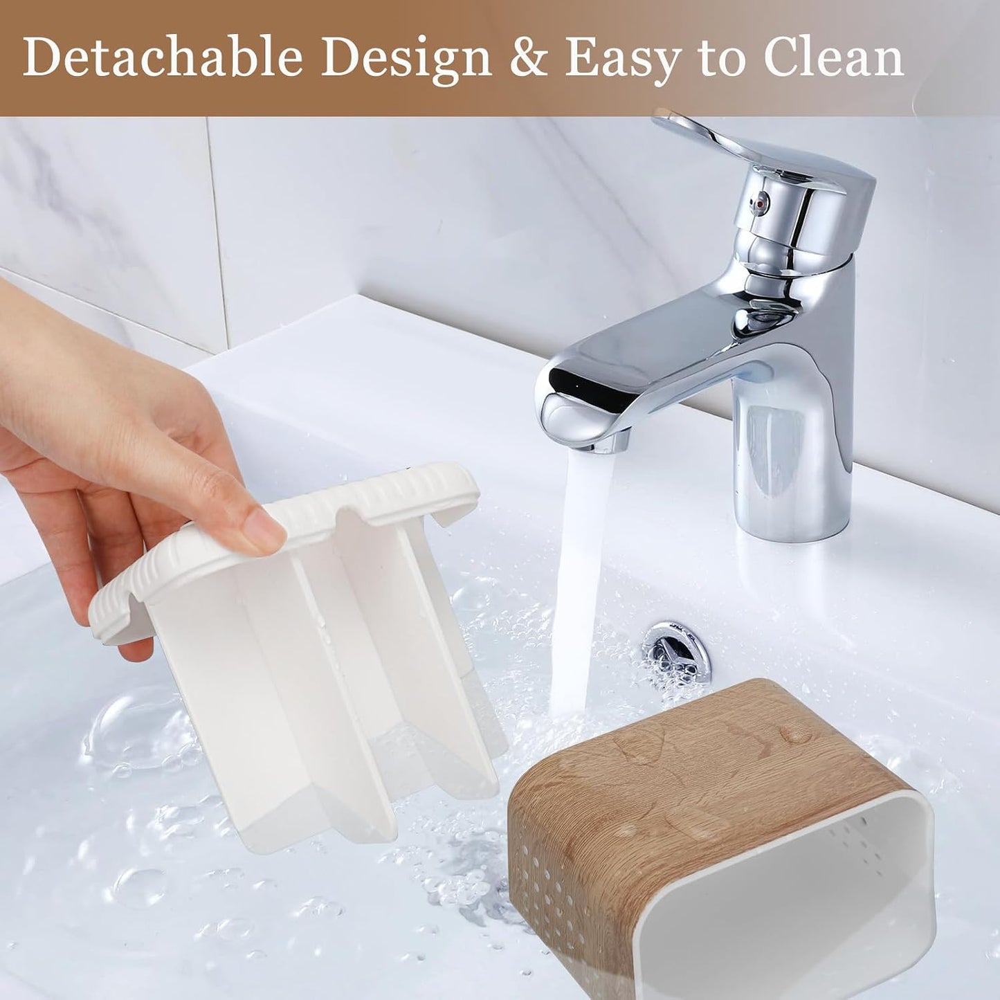 Bathroom Toothbrush Holders, Toothbrush and Toothpaste Holder (Wood Grain) | Easy To Clean, Drainage, Removable, Non-Slip, 4 Slots Tooth Brush Holder for Bathroom Countertop Organizer