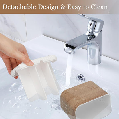 Bathroom Toothbrush Holders, Toothbrush and Toothpaste Holder (Wood Grain) | Easy To Clean, Drainage, Removable, Non-Slip, 4 Slots Tooth Brush Holder for Bathroom Countertop Organizer