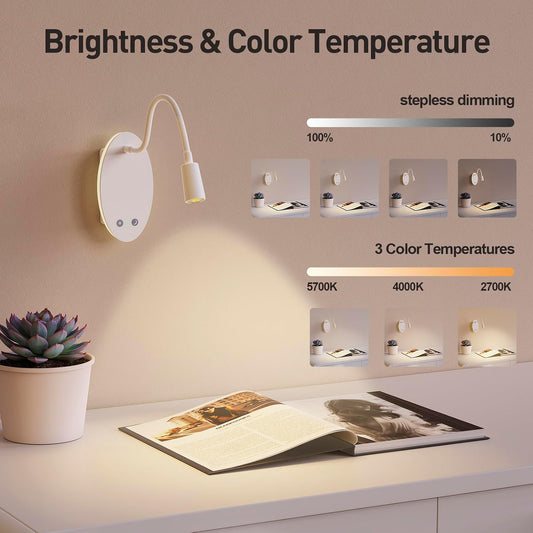 Rechargeable Wall-Mounted Reading Light for Bed - Cordless Bedside Lamp with 40H Battery, 3 Color Temperatures & Stepless Dimming, Eye-Care Night Light, USB Output, No Disturb to Partner(2pcs)