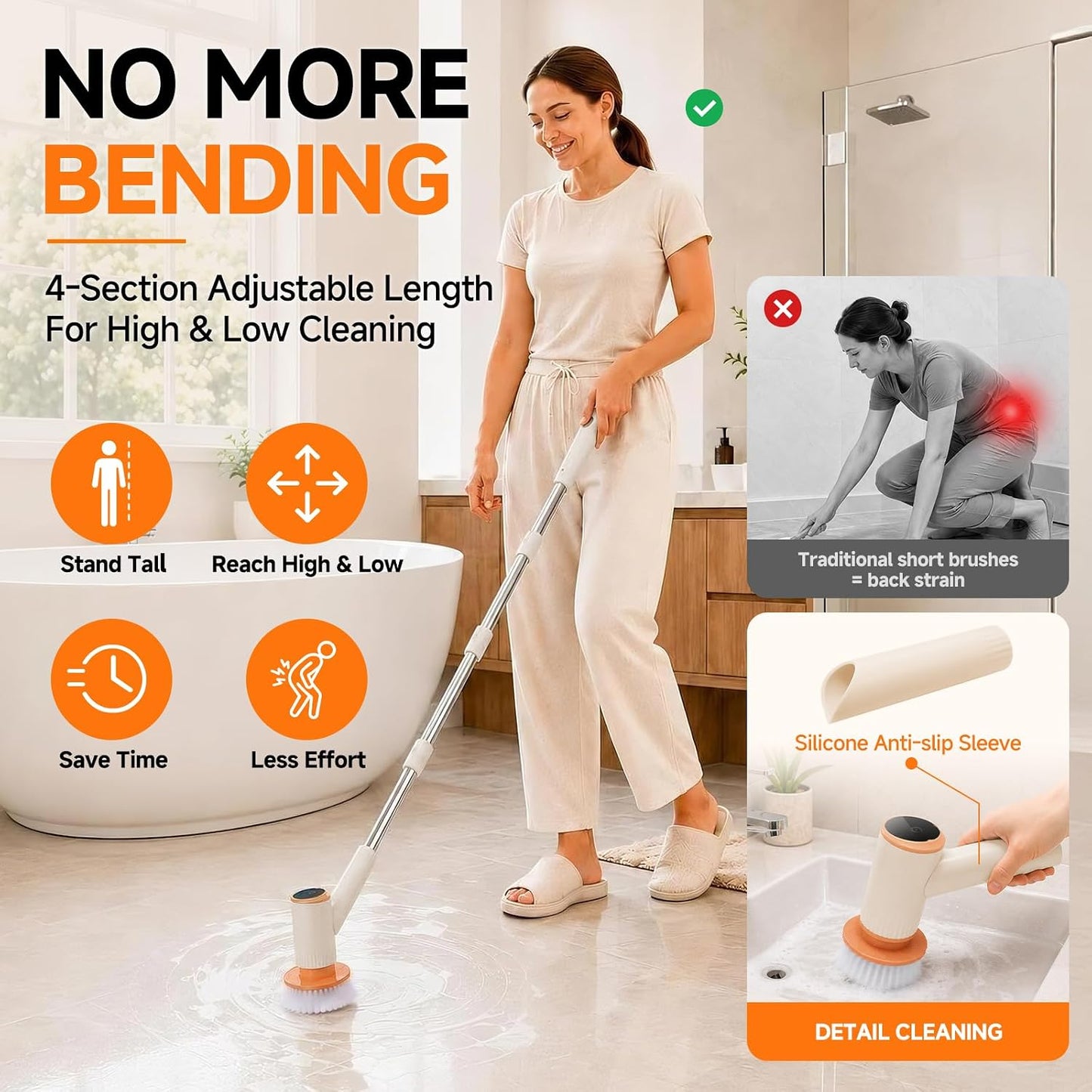 Electric Spin Scrubber,Cordless Shower Scrubber,Dual Speed | 6 Replaceable Brush Heads,Large Capacity Battery,4 Section Adjustable Handle,Cleaning Brush for Bathroom Shower Bathtub