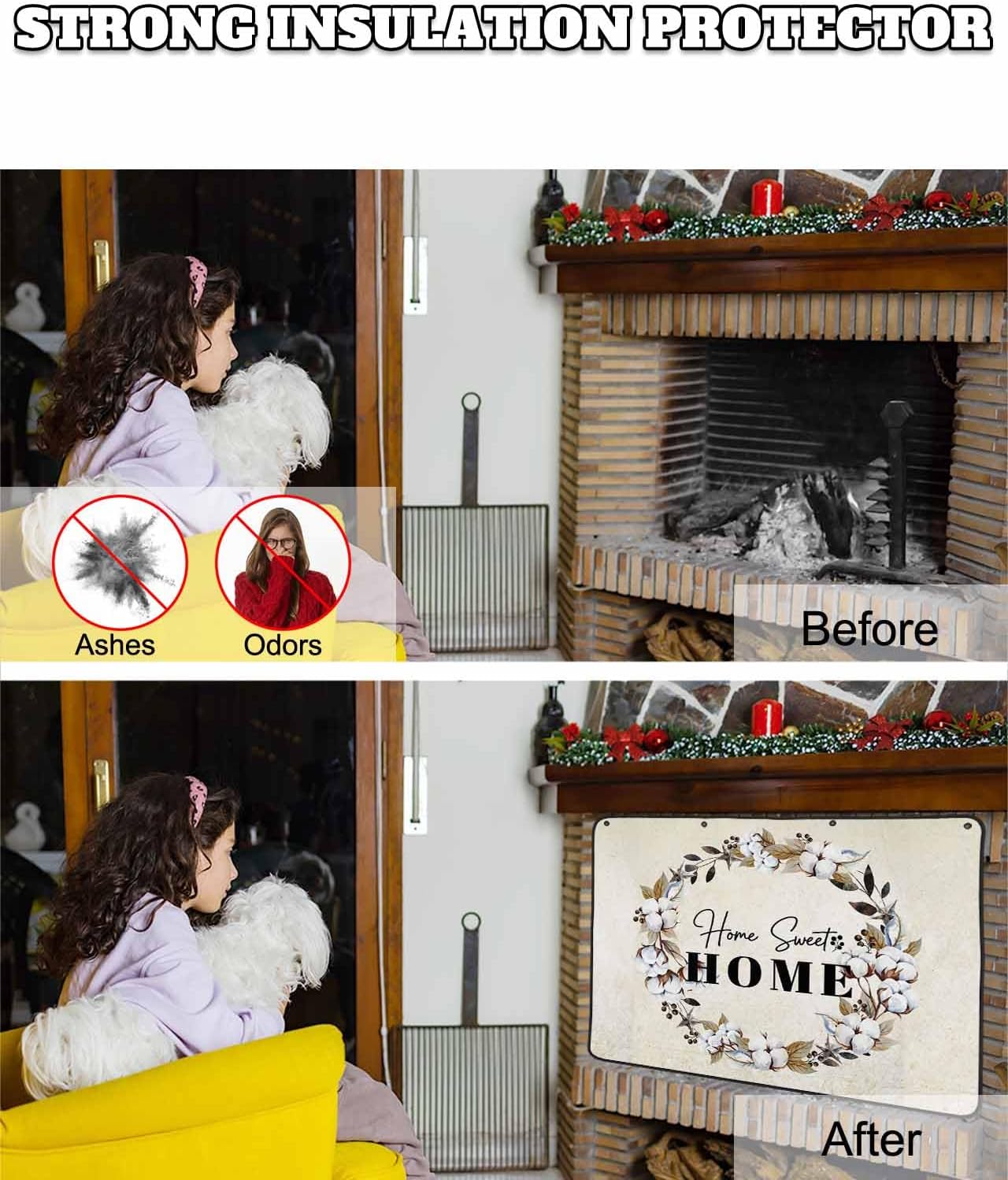 Farmhouse Wreath Magnetic Fireplace Cover,Fireplace Draft Blocker,Sweet Home Rustic Plants Texture Grey Wood Fireplaces Blanket for Heat Loss/Cold Air,Fireplaces Draft Stopper Cover for Inside 36"x30"