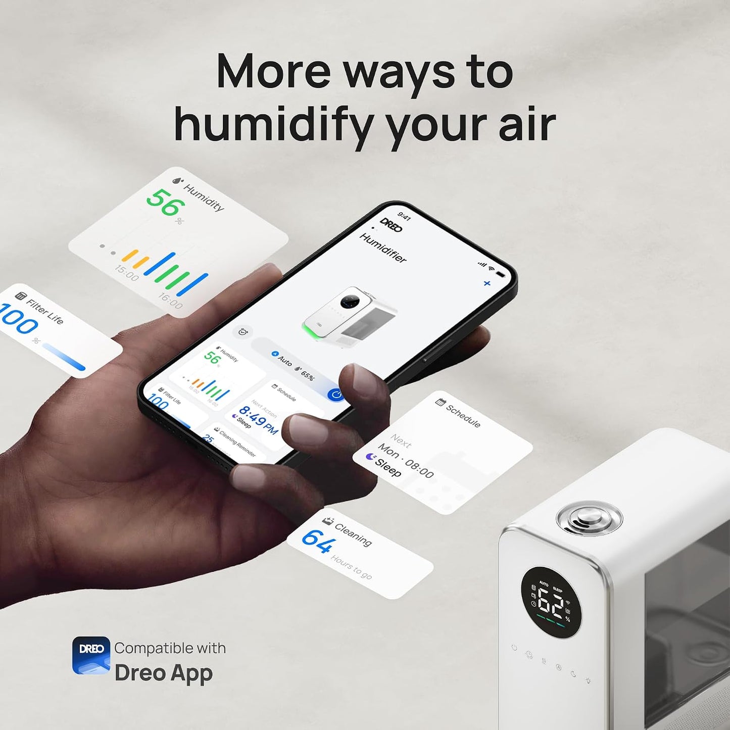 DREO Humidifiers for Bedroom, Top-filled Smart Quiet Cool Mist Humidifier for Large Room Home, Oil Diffuser & Nightlight, 50Hours Runtime for Indoor Plants, with Alexa/Google, White