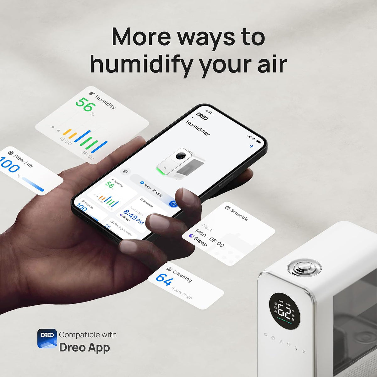 DREO Humidifiers for Bedroom, Top-filled Smart Quiet Cool Mist Humidifier for Large Room Home, Oil Diffuser & Nightlight, 50Hours Runtime for Indoor Plants, with Alexa/Google, White