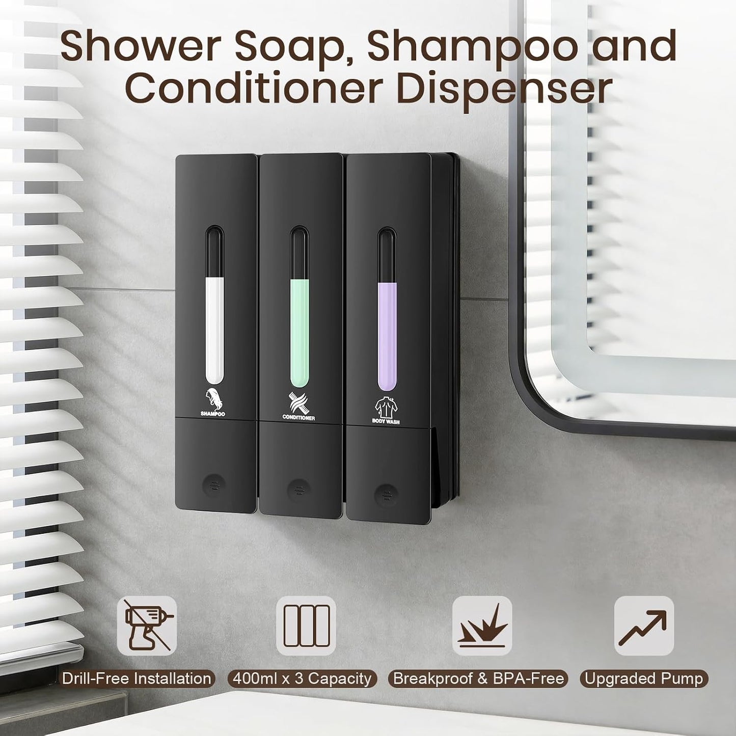 3 Chamber Shampoo and Conditioner Dispenser Set, No Drill Shower Soap | Refillable wall-mounted bottles, BPA-free. 3x400ml. Dispenses shampoo, conditioner,body wash, soap, lotion, gel. Black.