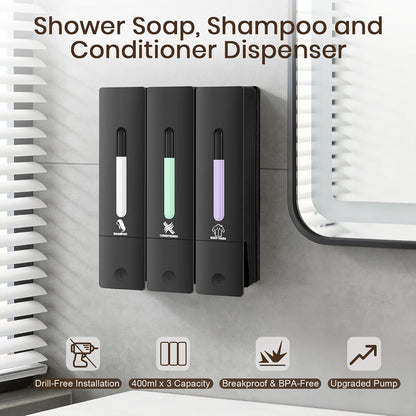 3 Chamber Shampoo and Conditioner Dispenser Set, No Drill Shower Soap | Refillable wall-mounted bottles, BPA-free. 3x400ml. Dispenses shampoo, conditioner,body wash, soap, lotion, gel. Black.