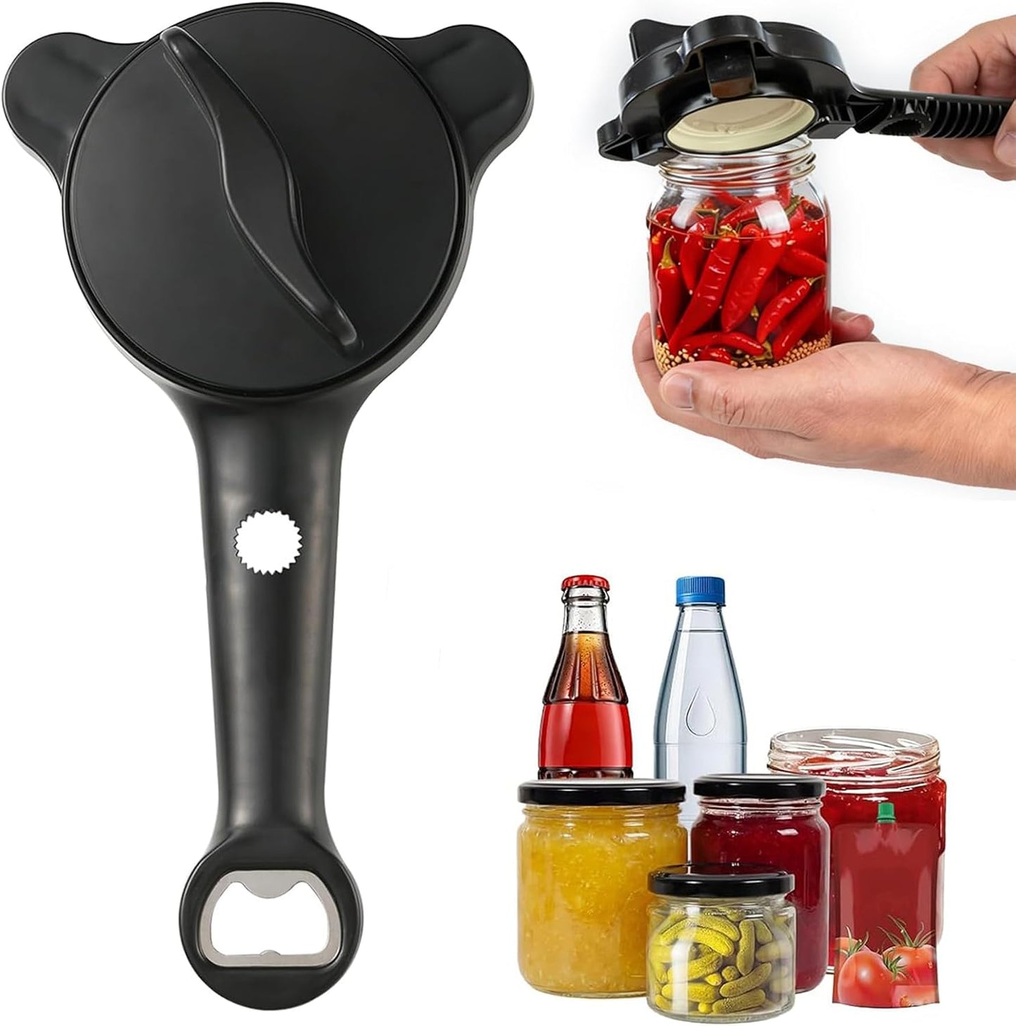 4-in-1 Jar Opener for Weak Hands, Adjustable Lid & Bottle Opener Black | Ergonomic non-slip grip for arthritis hands, opens jars bottles cans, adjustable multi-size lid remover, durable kitchen tool