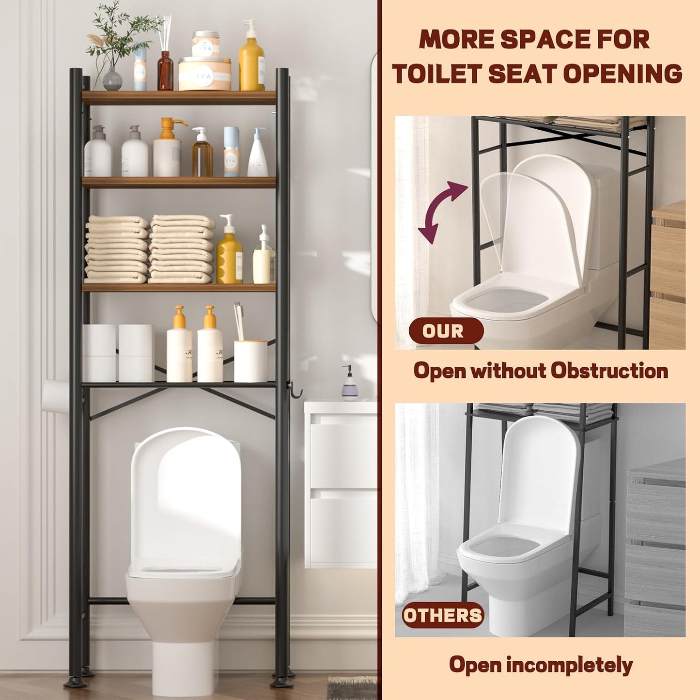 GloTika 3-Tier Over Toilet Storage, Anti-Tilt, 64" H, Black | Anti-Tilt Safety System, 150lb Capacity, Carbon Steel, Freestanding, No Drilling, Anti-Rust Coating, Paper Holder & 4 Hooks