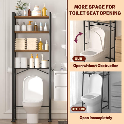 GloTika 3-Tier Over Toilet Storage, Anti-Tilt, 64" H, Black | Anti-Tilt Safety System, 150lb Capacity, Carbon Steel, Freestanding, No Drilling, Anti-Rust Coating, Paper Holder & 4 Hooks