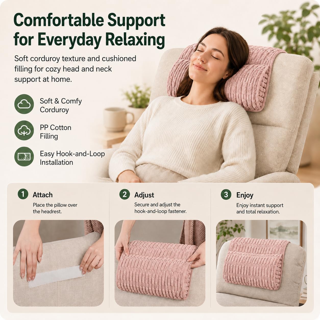 Memiss Recliner Pillow Soft Corduroy Neck Pillow for Recliner (Khaki) | Corduroy cover, PP cotton fill, anti-slip dots, hook and loop fastener, removable washable cover, recliner sofa car chair