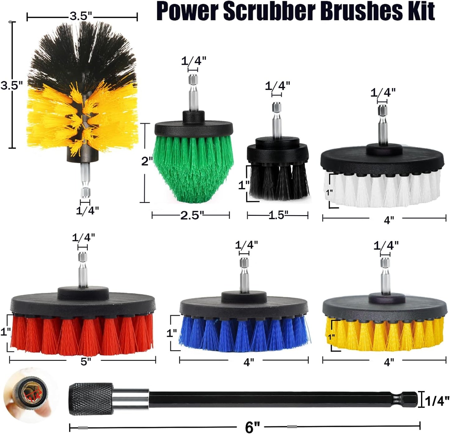 8 Pack Drill Brush Attachment Set, 1/4in Power Scrubber Brush + Extend Long Rod, Multi-Purpose Power Cleaning Scrub Brush for Bathroom, Tub, Tile, Corner, Floor(Red)