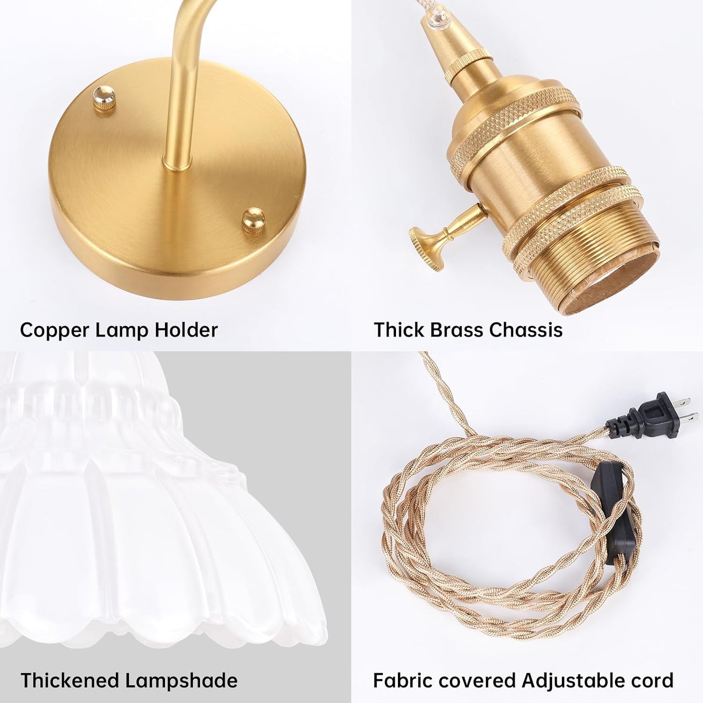 Shenmoyl Battery Operated Wall Sconce Wall Lamp with Green Lily of the Valley Shade Pattern Glass Adjustable Chain Retro Gold Wall Mounted Light, Modern Wall Lamp Fixtures Decor for Bedside Bedroom
