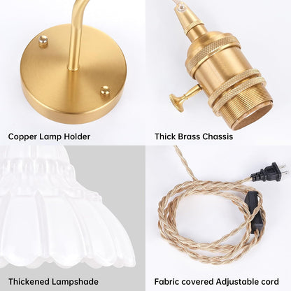 Shenmoyl Battery Operated Wall Sconce Wall Lamp with Green Lily of the Valley Shade Pattern Glass Adjustable Chain Retro Gold Wall Mounted Light, Modern Wall Lamp Fixtures Decor for Bedside Bedroom