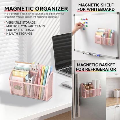 Magnetic Pencil Holder, Magnetic Organizer for Locker Accessories, Black | Mesh Marker Holder with Strong Magnets and 3 Compartments for Whiteboards Refrigerators and Magnetic Lockers