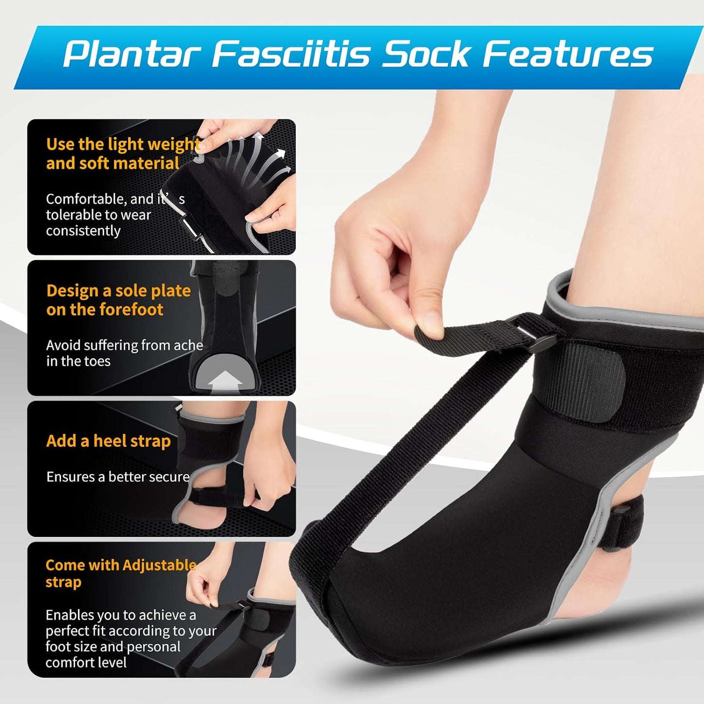 Upgraded Plantar Fasciitis Night Splint Sock with Massage Ball for Plantar Fasciitis Relief, Soft & Comfortable Foot Brace for Achilles Tendonitis Heal Spur Foot-drop Flat-arch for Women and Men, Small-Black