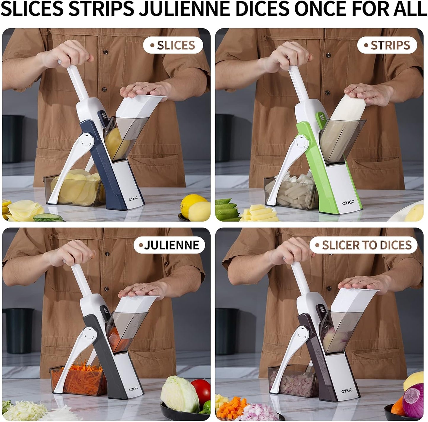 QYKIC Safe Mandoline Slicer Pro for Kitchen, Adjustable Chopper 6 in 1 | Potato Slicer Onion Chopper Fry Cutter Julienne Dicer Large Chute Stainless Steel Blades Detachable Dishwasher Safe Gifts