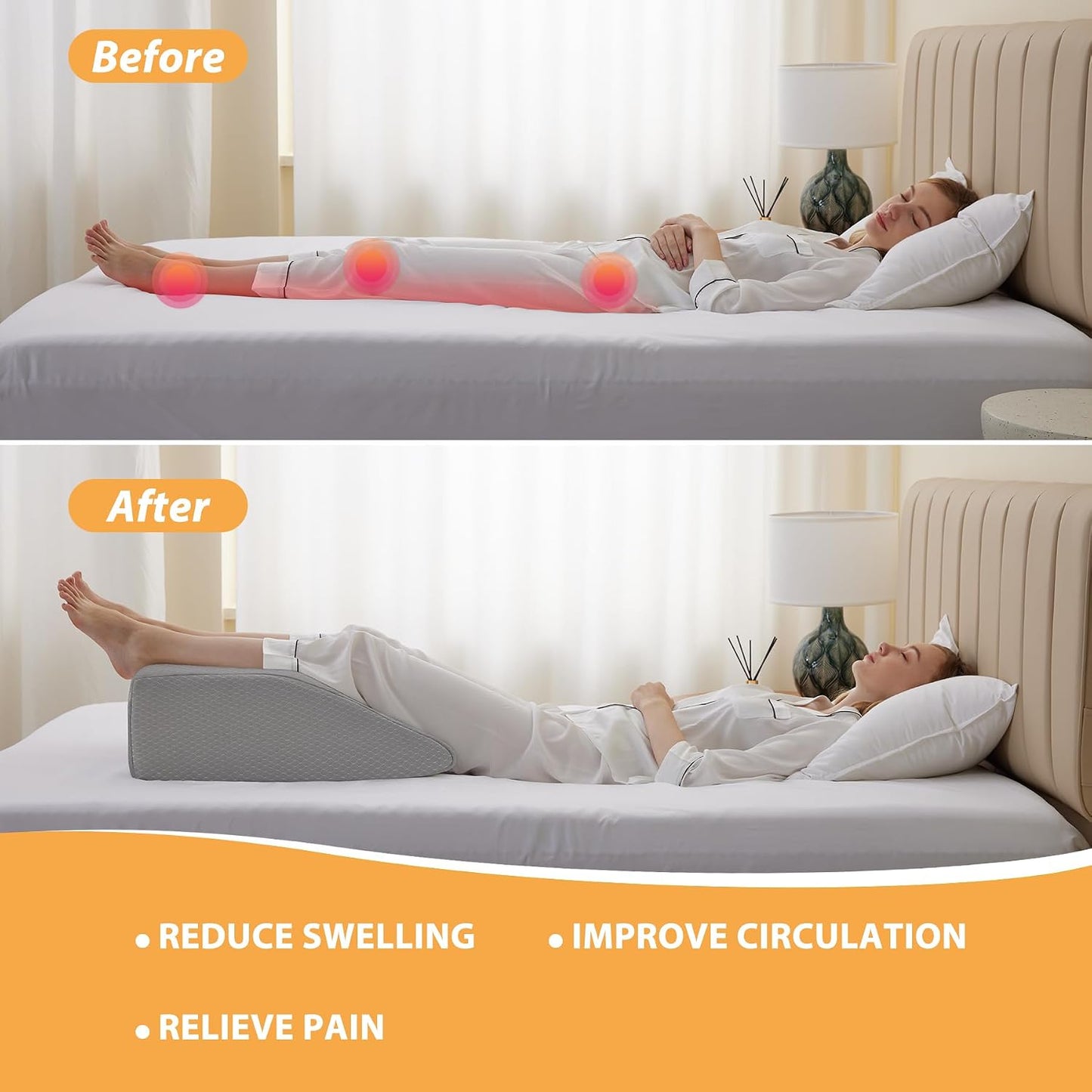 Bedluxe Leg Pillow Elevation Blood Circulation, Wedge Pillow for Legs Swelling, Leg Elevating Wedge Pillow for After Surgery, Foot Knee Pillow for Leg Rest, Sleeping, Memory Foam Top, 8in, White/Grey