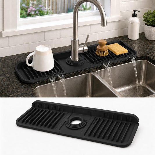 23" Extra Long Silicone Faucet Handle Drip Catcher Tray,7° Sloped Self Draining Mat with Snap-on Design & Soap Holder, Trim-to-Fit Opening,Sink Splash Guard for Kitchen & Bathroom(Green)