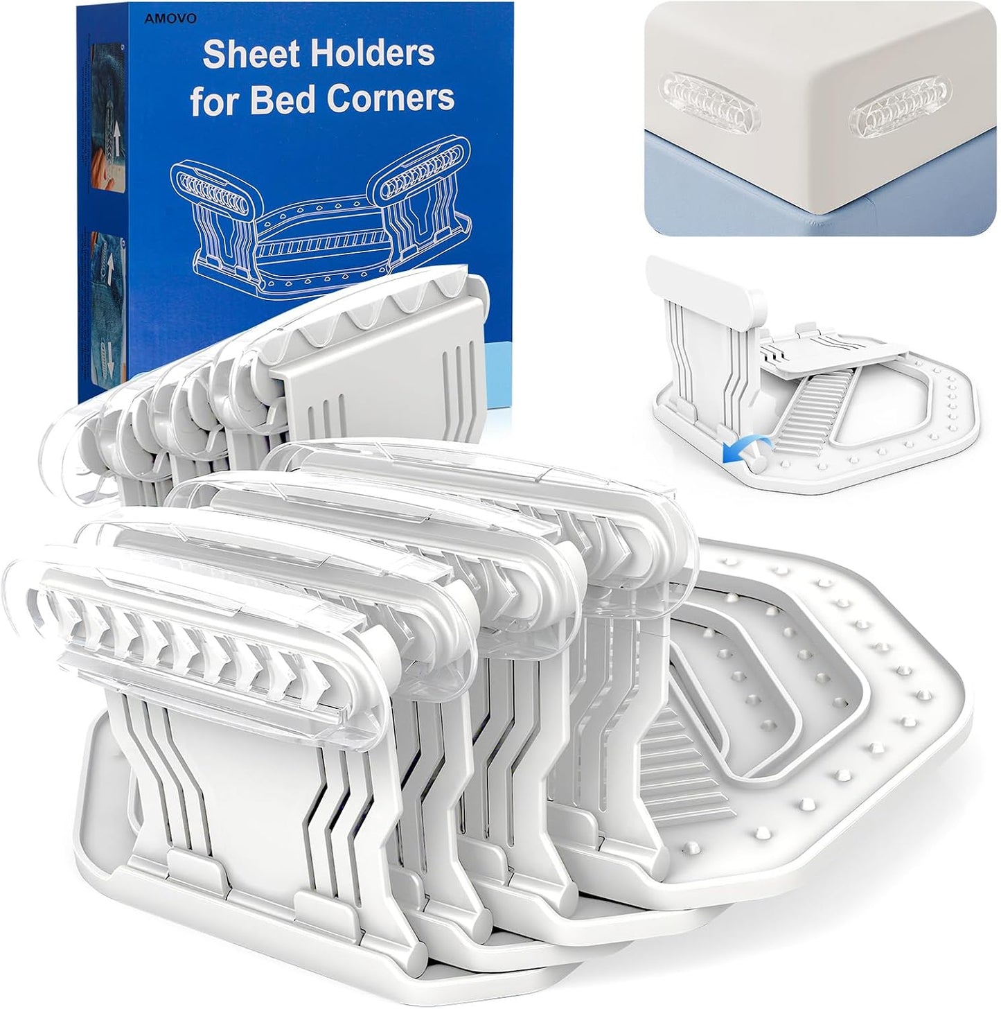 AMOVO Bed Sheet Holders for Corners Keep Sheets in Place Firmly - Foldable Fitted Sheet Holders Heavy Duty Sheet Locks Mattress Sheet Fasteners, Set of 4 Lock Sheet Clips (Snow-White)