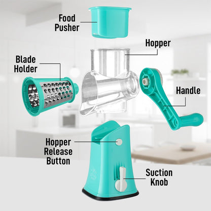 Zulay Kitchen Rotary Cheese Grater 5 Blade Cheese Shredder - Manual Hand Crank Cheese Grater With Reinforced Suction & 5 Interchangeable Drums - Easy to Use, Vegetable Chopper Round Mandoline Slicer - Colors B