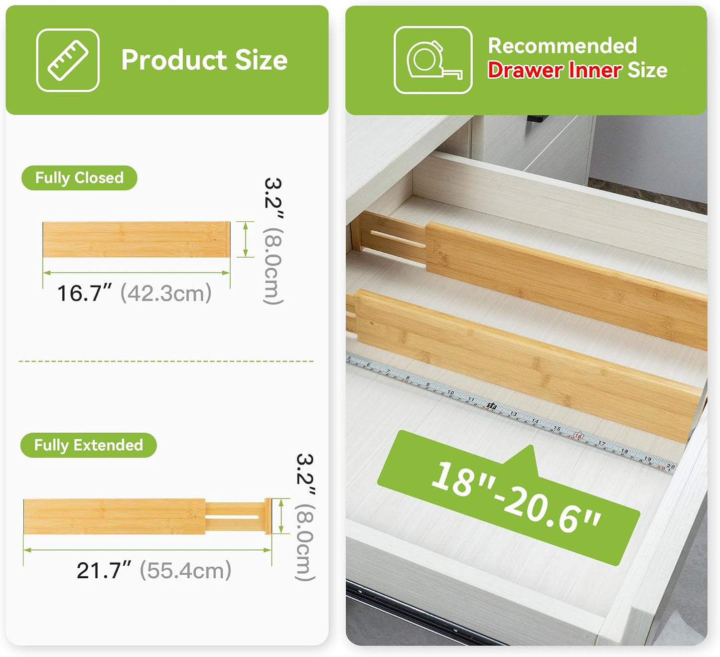 Utoplike 4 Pcs Bamboo Kitchen Drawer Dividers, Large Drawers Organizers | Adjustable Spring Loaded Expandable Organization, Works in Dresser, Bathroom, Bedroom, Office, Fit 17.8"-20.6" Drawer, 2.4"H