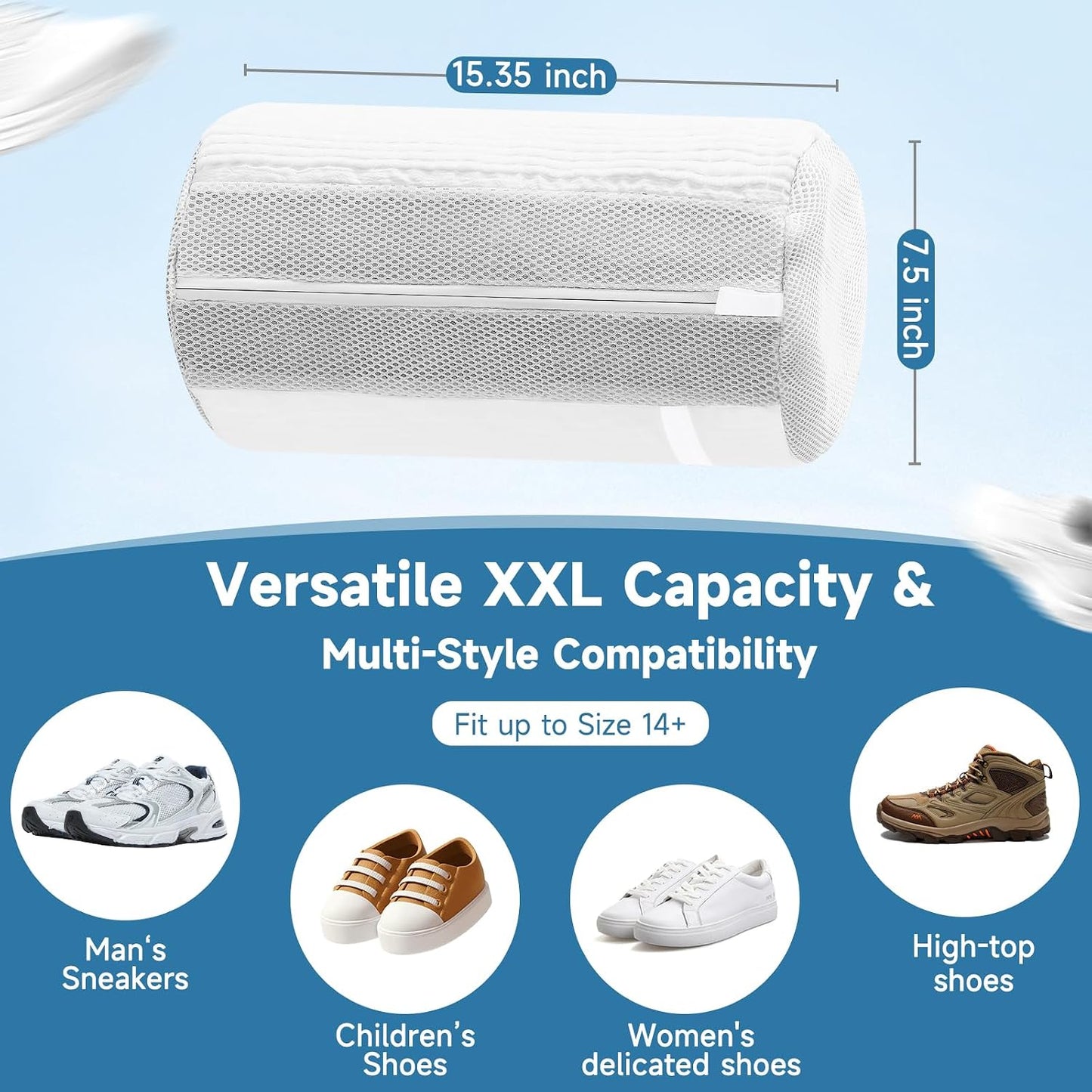 2PCS XXL Shoe Washing Machine Bag with Adjustable Shoes Trees - Heavy Duty Reusable Shoe Laundry Bag for Washer and Dryer - 360° Deep Clean & Protect Chenille Microfiber Sneakers Wash Bags - White