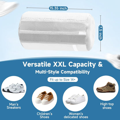 2PCS XXL Shoe Washing Machine Bag with Adjustable Shoes Trees - Heavy Duty Reusable Shoe Laundry Bag for Washer and Dryer - 360° Deep Clean & Protect Chenille Microfiber Sneakers Wash Bags - White