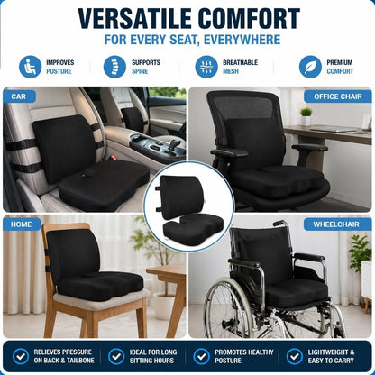 2-in-1 Memory Foam Seat Cushion & Lumbar Support Set | Ergonomic Office Chair Cushion for Tailbone, Sciatica & Help Back Pain Relief | Non-Slip Coccyx Pad, Washable Cover, Adjustable Strap