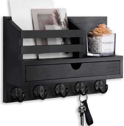 Key Holder Wall Mount, Mail Holder with Storage Drawer | Key and Mail Holder with 5 Key Hooks for Coat, Dog Leash, Home Decor Rack, House Accessories, Entry Way Organizer