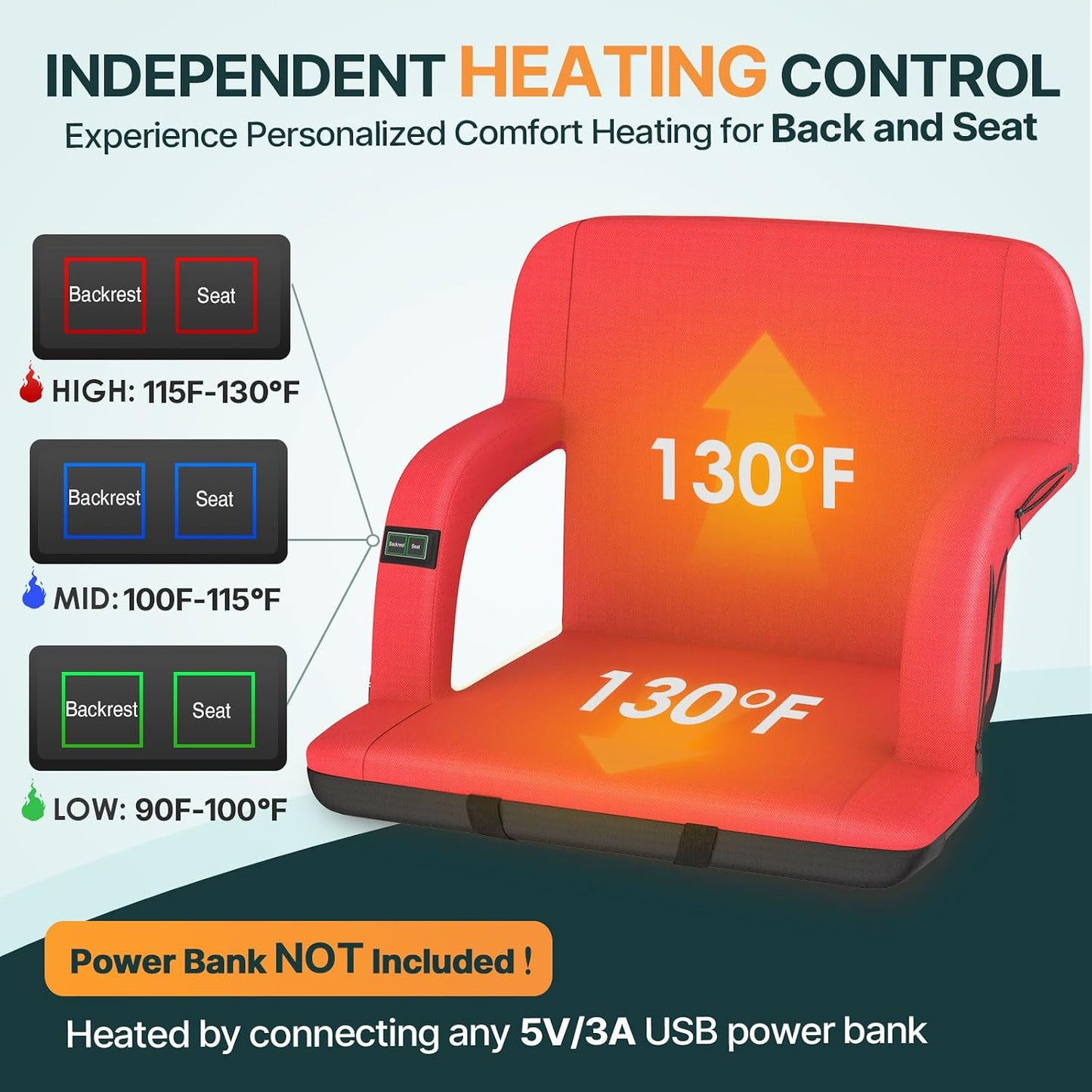 HOPERAN 25in Heated Stadium Seats for Bleachers, Dual Control, 2 PCS, Black | Independent Seat & Back 3 Level Heat (NO Battery), Soft Cushion, 6 Recliner, Anti-Slip, Side Pockets, Backpack Straps