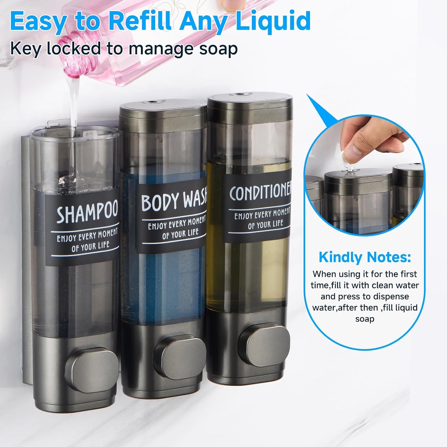 Shampoo and Conditioner Dispenser,GlintGath Shower Dispenser 2 Chamber No Drill Shampoo Dispenser for Shower Wall Mounted Shower Soap Dispenser for Bathroom Hotel,2 * 300ML,Matte Black