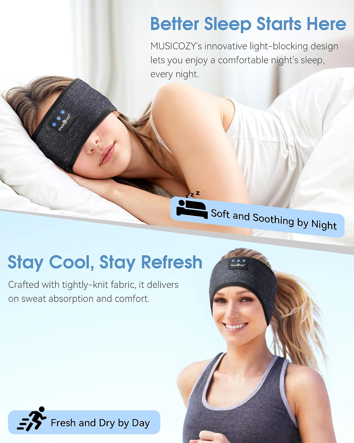 MUSICOZY Bluetooth Headband Sleep Headphones Earbuds for Sleeping Sports | Wireless Music Earphones Sports Sweat Resistant with HD Stereo Speakers for Workout Running Travel Yoga Ideal Gifts